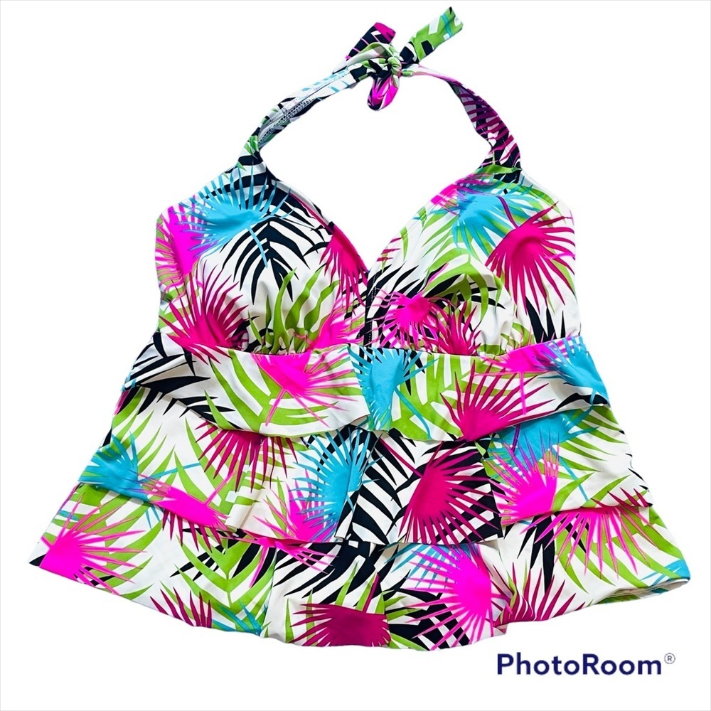 Cazimi Tankini 3Tier Slimming White Tropical Colorful Pattern Tie Straps Sz 18W